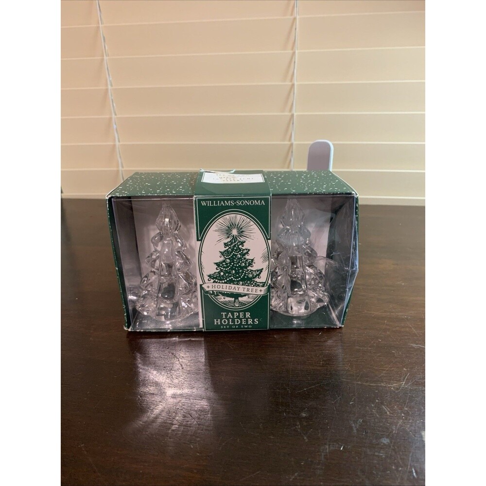Williams-Sonoma Holiday Tree Clear Glass Taper Candle Holders 2004, 4" NIB